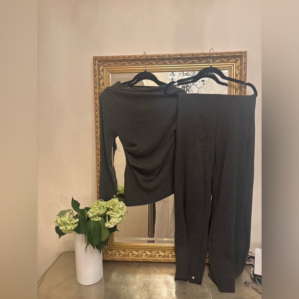 Zara Charcoal Ribbed Wide Leg Jumpsuit